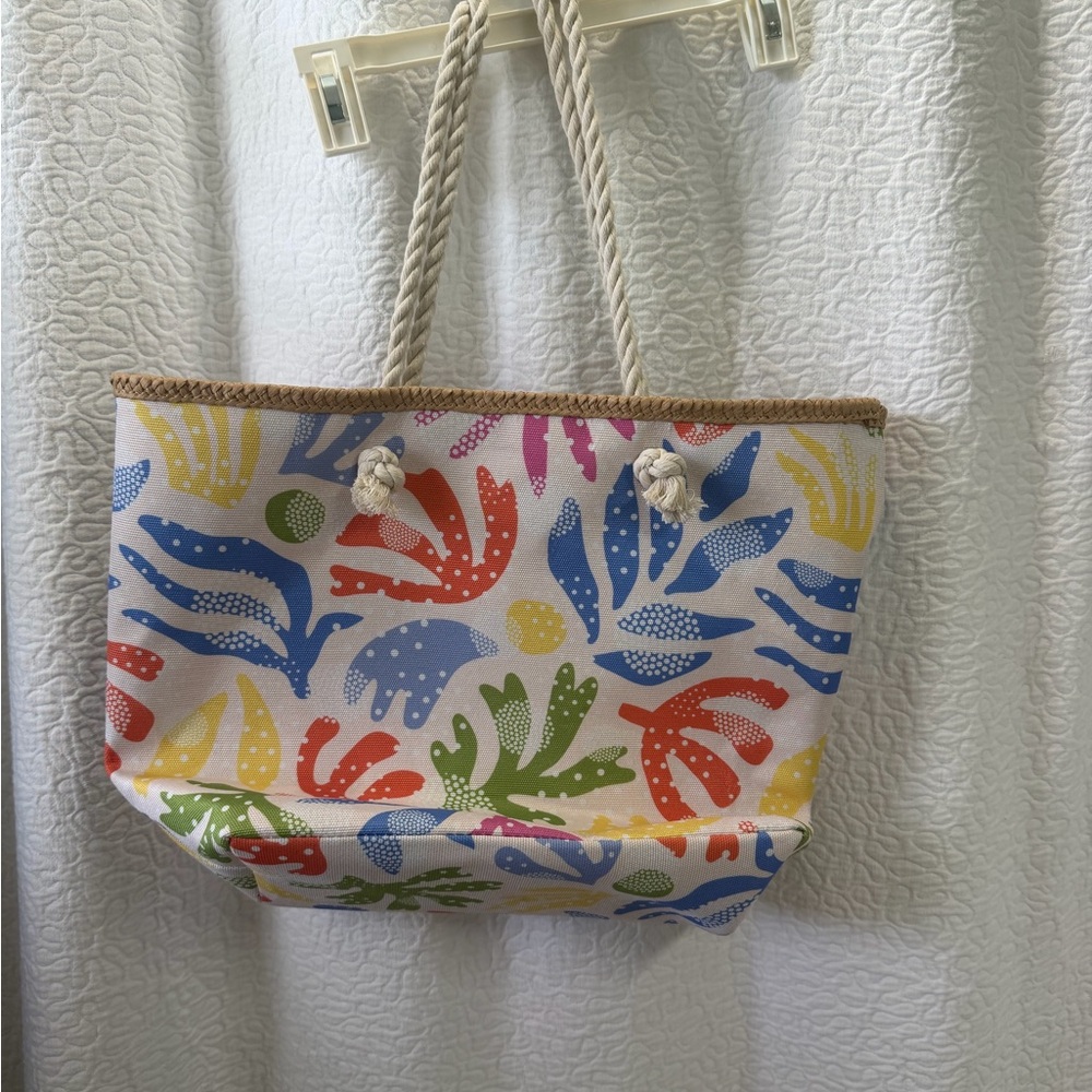 Canvas Beach Tote Bag with Colorful Leaf Print